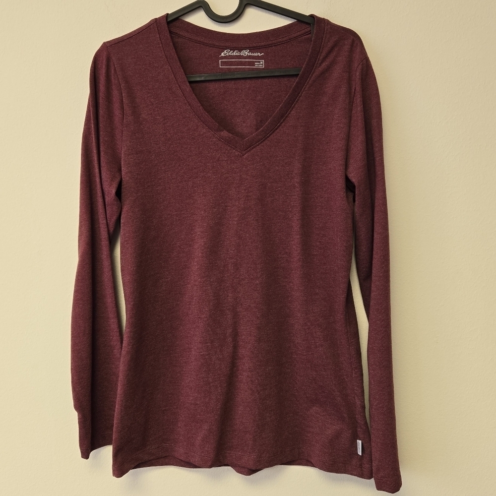 Eddie Bauer Long Sleeve V-neck T-Shirt Burgundy Red M - Picture 5 of 5